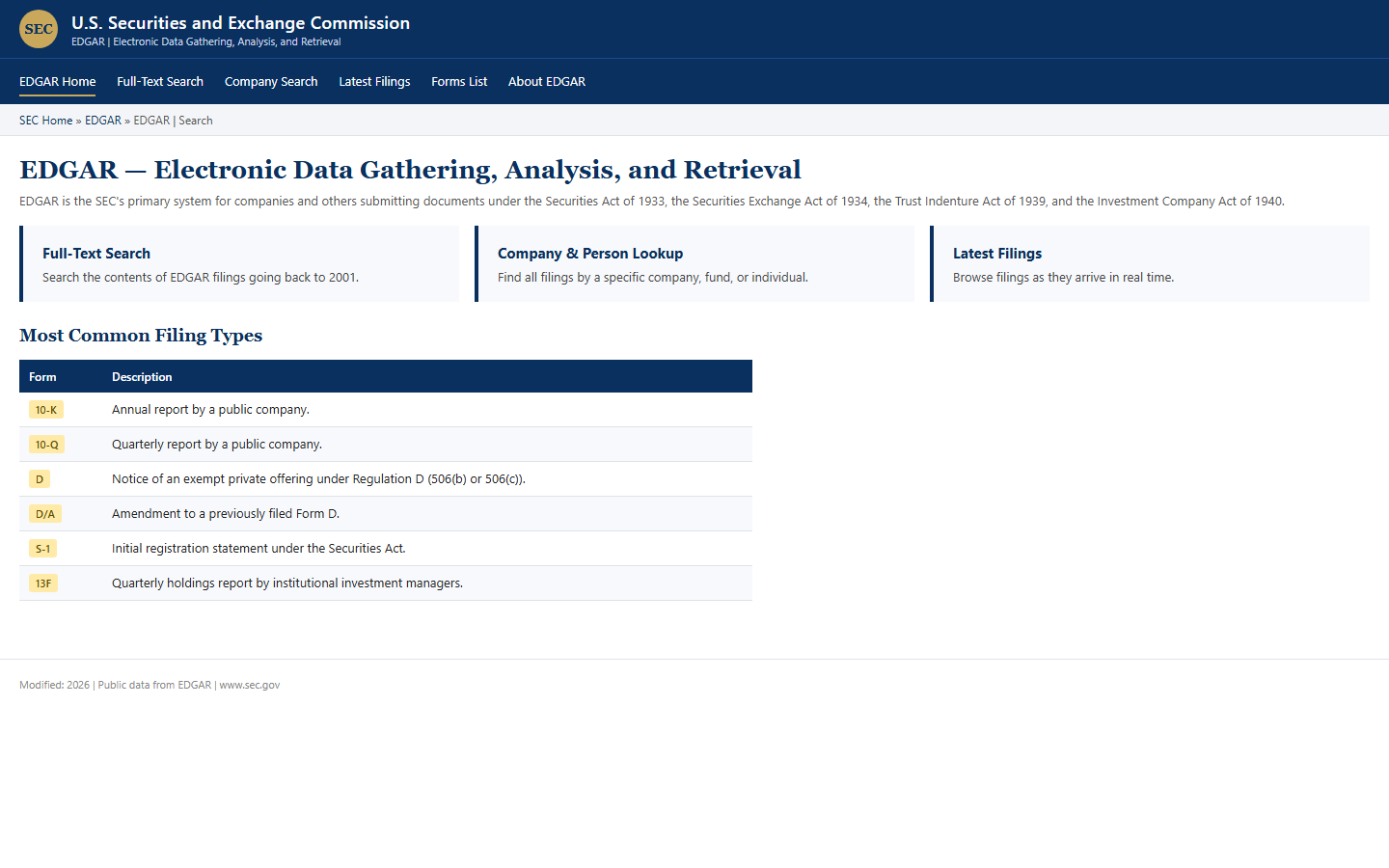 EDGAR landing page