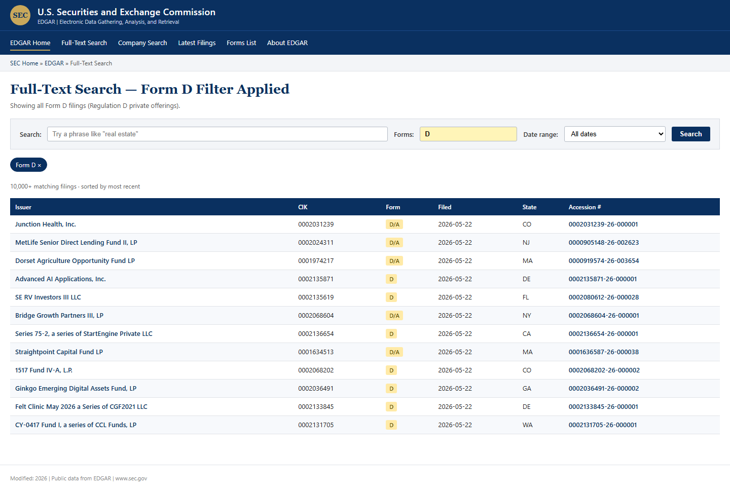 EDGAR full-text search, Form D filter