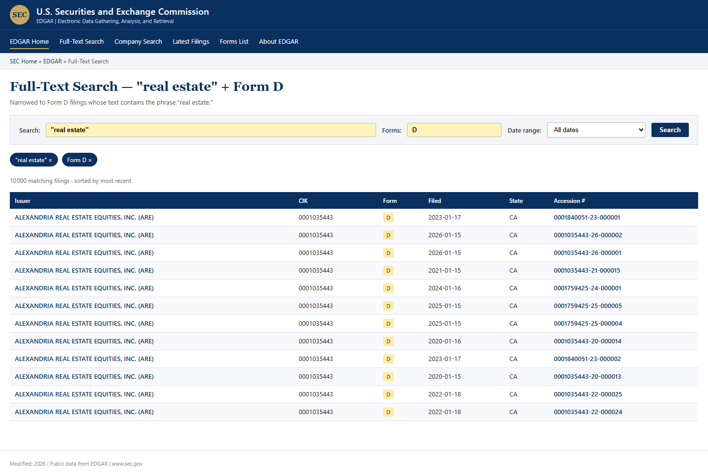 EDGAR full-text search with "real estate" + Form D filter showing real Alexandria Real Estate Equities filings