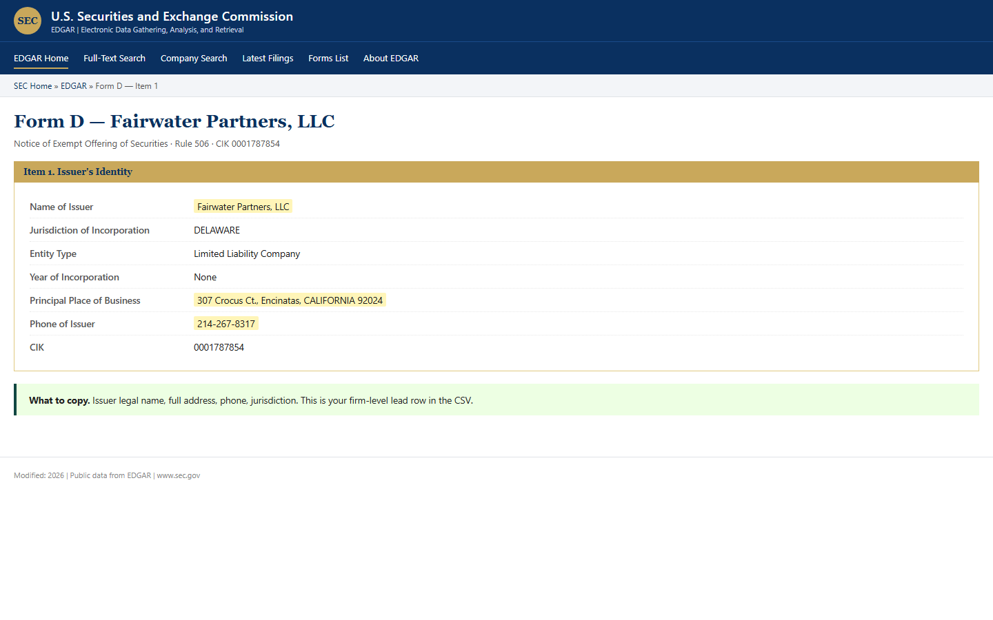 Form D Item 1 — Issuer Identity for Fairwater Partners
