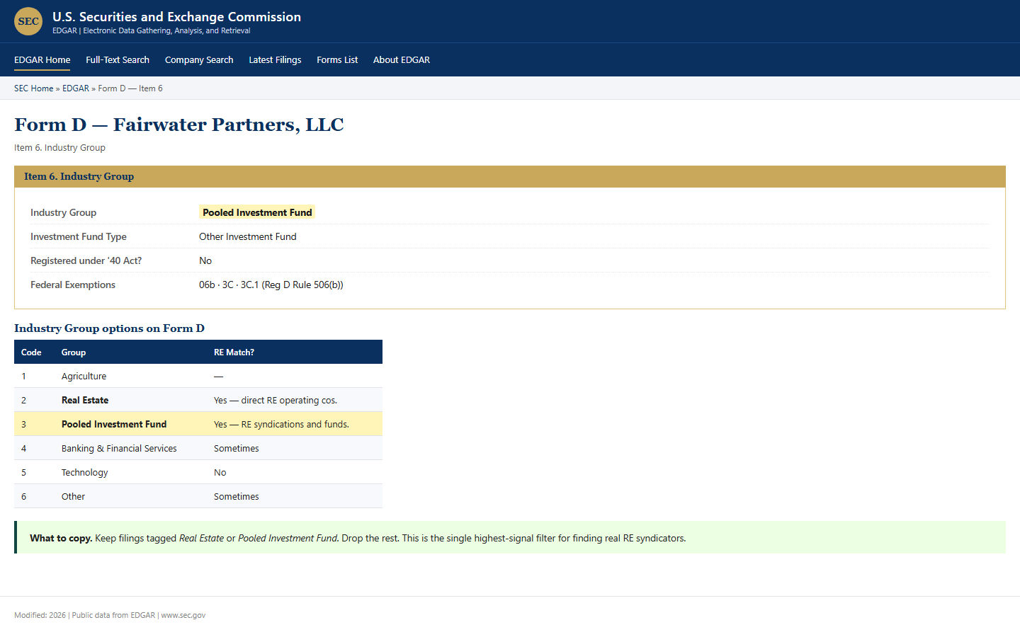 Form D Item 6 — Industry Group with Real Estate and Pooled Investment Fund options