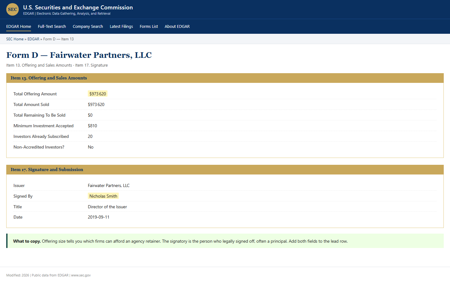 Form D Item 13 offering data plus Item 17 signature