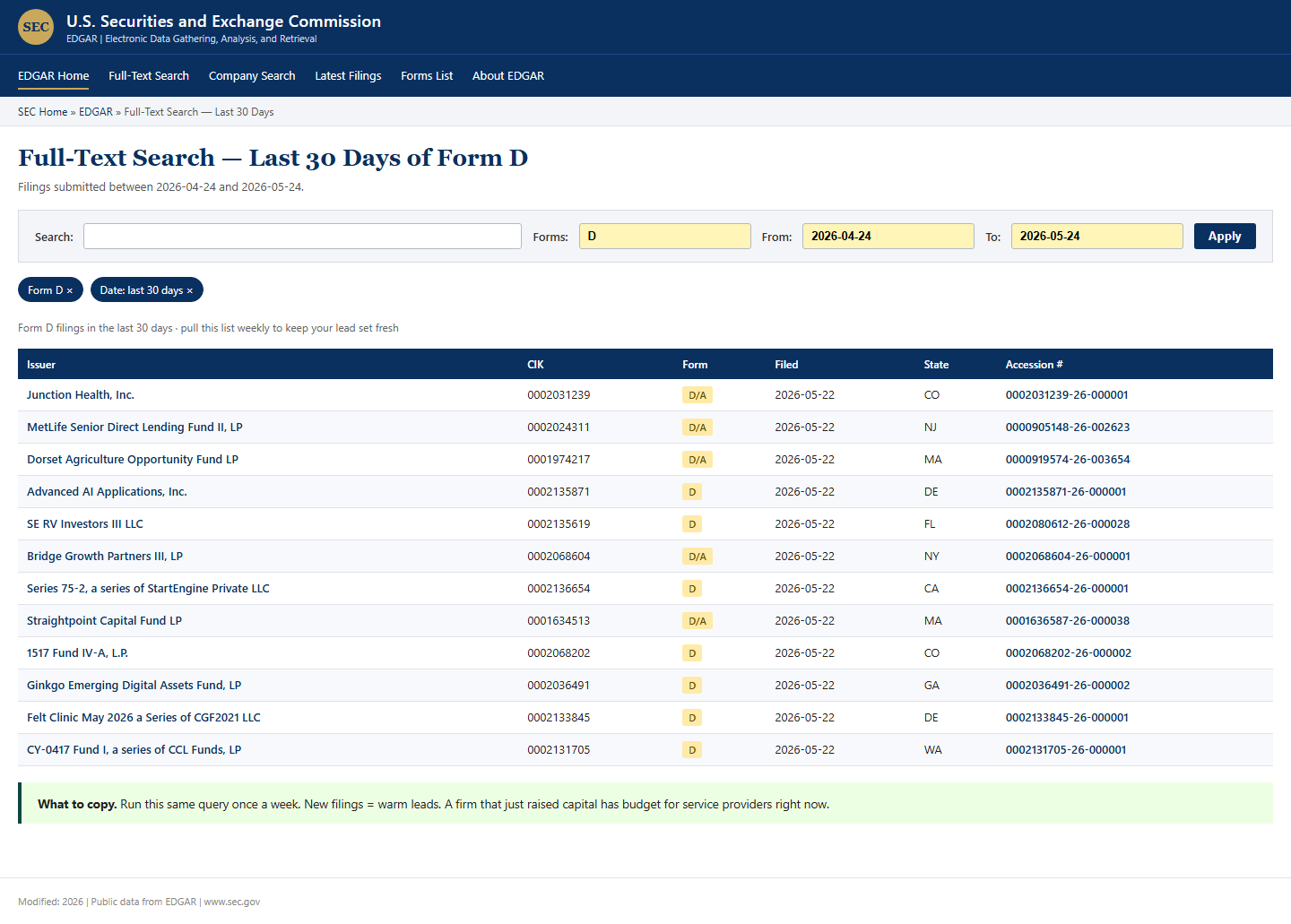 Date-filtered Form D search, last 30 days